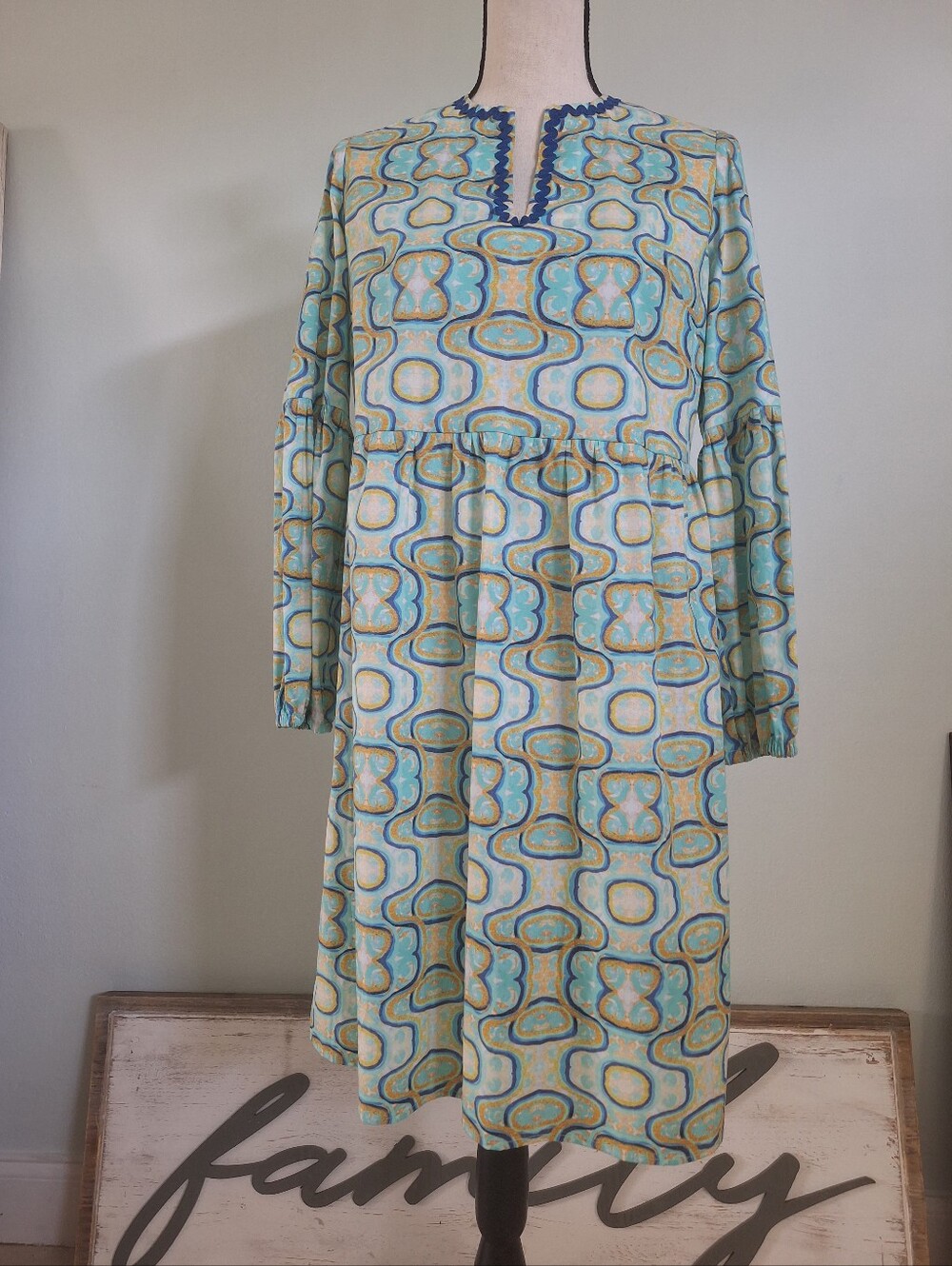 Amanda Johnson Light Blue Aqua Patterned Long Sleeve Midi Dress 6